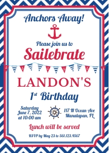 NTC - 5x7 - Sailebrate: Nautical Birthday Invitation • Anchors Away • Sailebrate • Nautical First Birthday Invitation • Red, White and Blue • NTC