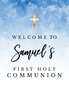 Boy's First Communion Welcome Sign • Ombre Blue Watercolor with Gold Cross• FCB002 design preview