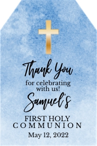 Boy First Communion Favor Tag  • 2x3 Gift Tag Ombre Blue Watercolor • Golden Cross • FCB002 design preview