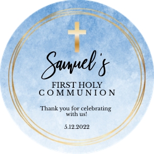 First Communion Favor Tag for Boy • Blue Watercolor Ombre • Gold Cross • Thank You Stickers • FCB002 design preview