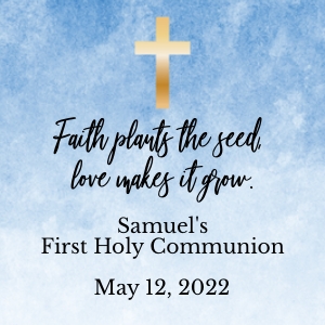 Faith Plants the Seed, Love Makes it Grow •  Editable Boy's First Communion Favor Tags • Blue Watercolor Ombre Gold Cross • FCB002 design preview