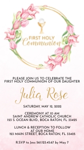 Editable Electronic Invite for Girl First Communion • Ombre Pink Watercolor and Tulips • Chalice and Host Invitation • FCG004 design preview
