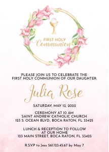 Editable Printable First Communion Invitation Girl • Ombre Pink Watercolor and Tulips • Chalice and Host Invitation • FCG004 design preview