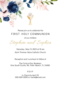 Editable First Communion Invitation Boy and Girl • Coed Combined Twins Siblings • Navy and Blush with Host and Chalice • FCS001 design preview