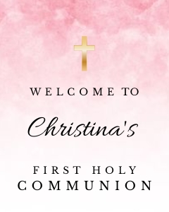 FCG005 - 8X10 Welcome Sign: Girl's First Communion Welcome Sign • Pink Ombre Watercolor with Gold Cross• FCG005