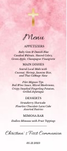FCG005 - 4x9 Menu: Girl's First Communion Menu Card Editable • Minimalist Design • Pink Ombre Watercolor • Gold Cross • FCG005