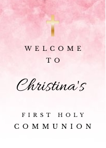 FCG005 - 5x7 Welcome Sign: Girl's First Communion Welcome Sign • Pink Ombre Watercolor with Gold Cross• FCG005