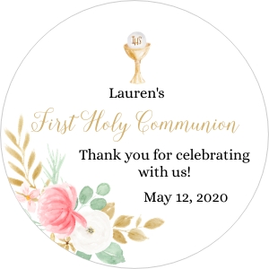 FCG001 - 2.5-inch Round Tag: Editable Printable First Communion Favor Tag Girl • Round Blush Pink Gold Floral • Chalice and Host Thank You Stickers • FCG001