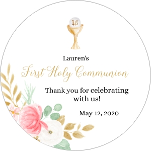 FCG001 - 1.5-inch Round Tag: Editable Printable First Communion Favor Tag Girl • Round Blush Pink Gold Floral • Chalice and Host Thank You Stickers • FCG001