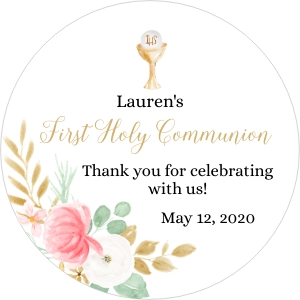 FCG001 - 3-inch Round Tag: Editable Printable First Communion Favor Tag Girl • Round Blush Pink Gold Floral • Chalice and Host Thank You Stickers • FCG001
