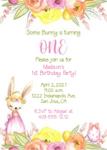 Pink floral bunny one 5x7 invitation design preview