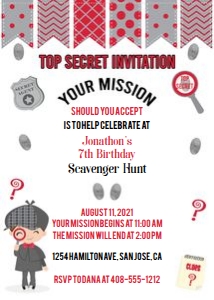 Detective scavenger hunt 5x7 red and black invitation dshb design preview