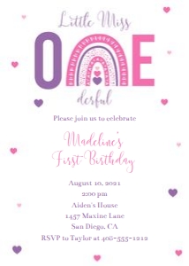 Little Miss ONEderful 5x7 Invitation LMOB design preview