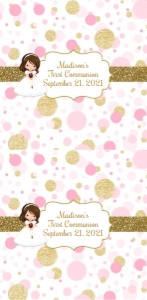 Pink and gold First Communion candy bar wrapper brunette girl hoco design preview