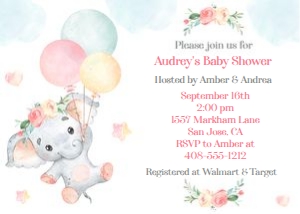 Baby girl elephant 5x7 invitation: Baby girl elephant 5x7 invitation