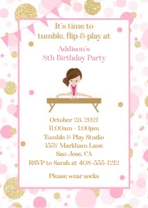 Pink and gold gymnastics invitation brunette 5x7: Pink and gold gymnastics invitation brunette 5x7
