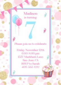 Pink and gold age 7 with cupcake 5x7 invitation: Pink and gold age 7 with cupcake 5x7 invitation