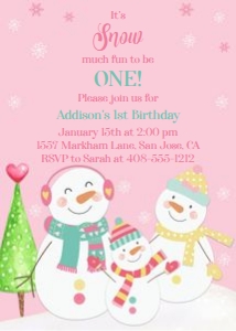 Pink Snowman First Birthday 5x7 Invitation design preview