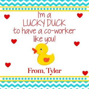 Lucky duck square blue and yellow co-worker tag design preview