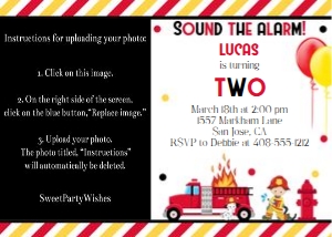 Sound the alarm fire truck 7x5 photo invitation: Sound the alarm fire truck 7x5 photo invitation