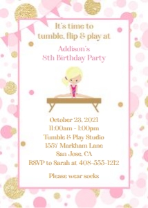 Pink and gold gymnastics invitation blonde 5x7: Pink and gold gymnastics invitation brunette 5x7