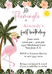 Flamingle palm leaf and hibiscus 5x7 invitation design preview
