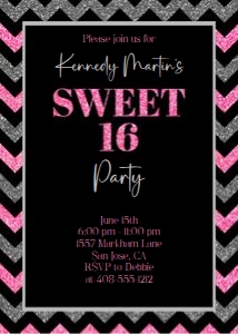 Pink and silver chevron sweet 16 5x7 invitation design preview