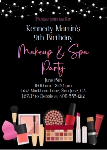 Black background makeup and spa party 5x7 invitation design preview