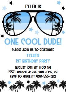 Blue and black one cool dude 5x7 palm tree invitation bundle design preview