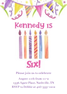 Sixth birthday candle invitation 5x7 design preview