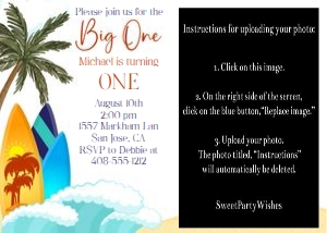 Surfing big one first birthday 7x5 invitation design preview