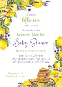 Lemon lavender honey 5x7 baby shower invitation design preview