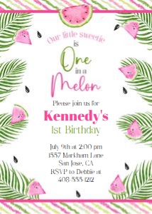 Watermelon one in a melon palm leaf 5x7 invitation design preview