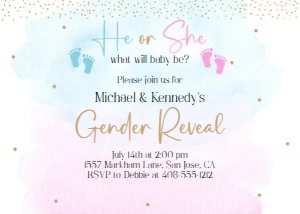 Pink and blue splash gender reveal  7x5 invitation: Pink and blue splash gender reveal 7x5 invitation