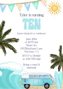 Surfing tenth birthday 5x7 invitation design preview