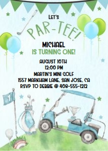Golf birthday 5x7 invitation let's partee blue background design preview
