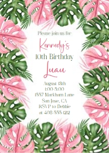 Green and pink tropical leaf luau 5x7 invitation: Green and pink tropical leaf luau 5x7 invitation