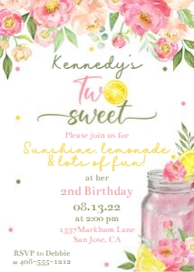 Pink lemonade two sweet 5x7 invitation PLSW design preview
