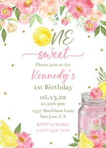 Pink lemonade one is sweet 5x7 invitation PLEM design preview