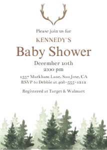 Forest antlers baby shower 5x7 invitation suite design preview