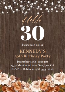 Hello 30 wood background floral 5x7 invitation design preview
