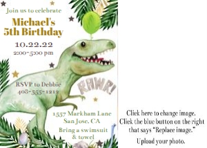 Dinosaur 7x5 photo invitation design preview