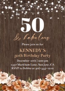 50 & fabulous wood background floral 5x7 invitation design preview
