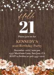 Hello 21 wood background floral 5x7 invitation design preview