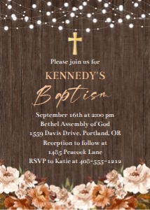 Rustic Baptism wood background floral 5x7 invitation design preview