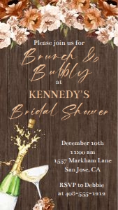 Rustic brunch and bubbly wood background floral evite design preview