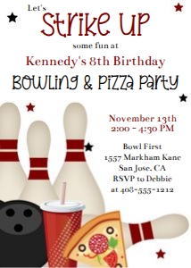 Strike up some fun bowling and pizza 5x7 invitation BWPS: Strike up some fun bowling and pizza 5x7 invitation BWPS