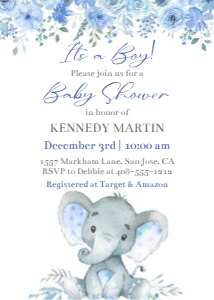 Elephant Blue Flowers Boy 5x7 Invitation Bundle: Elephant blue flowers boy 5x7 invitation bundle