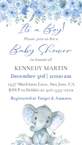 Elephant Blue flowers boy evite bundle: Elephant blue flowers boy 5x7 invitation bundle