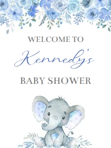 Elephant blue flowers boy welcome sign 18x24 bundle: Elephant blue flowers boy 5x7 invitation bundle